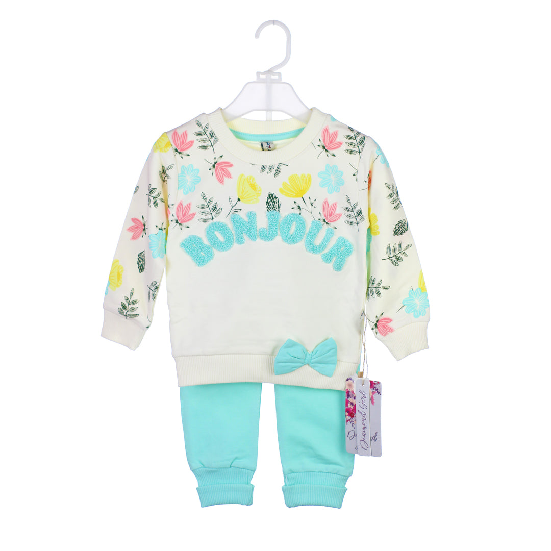 Girls' 'Bonjour' Floral Sweatshirt & Jogger Set