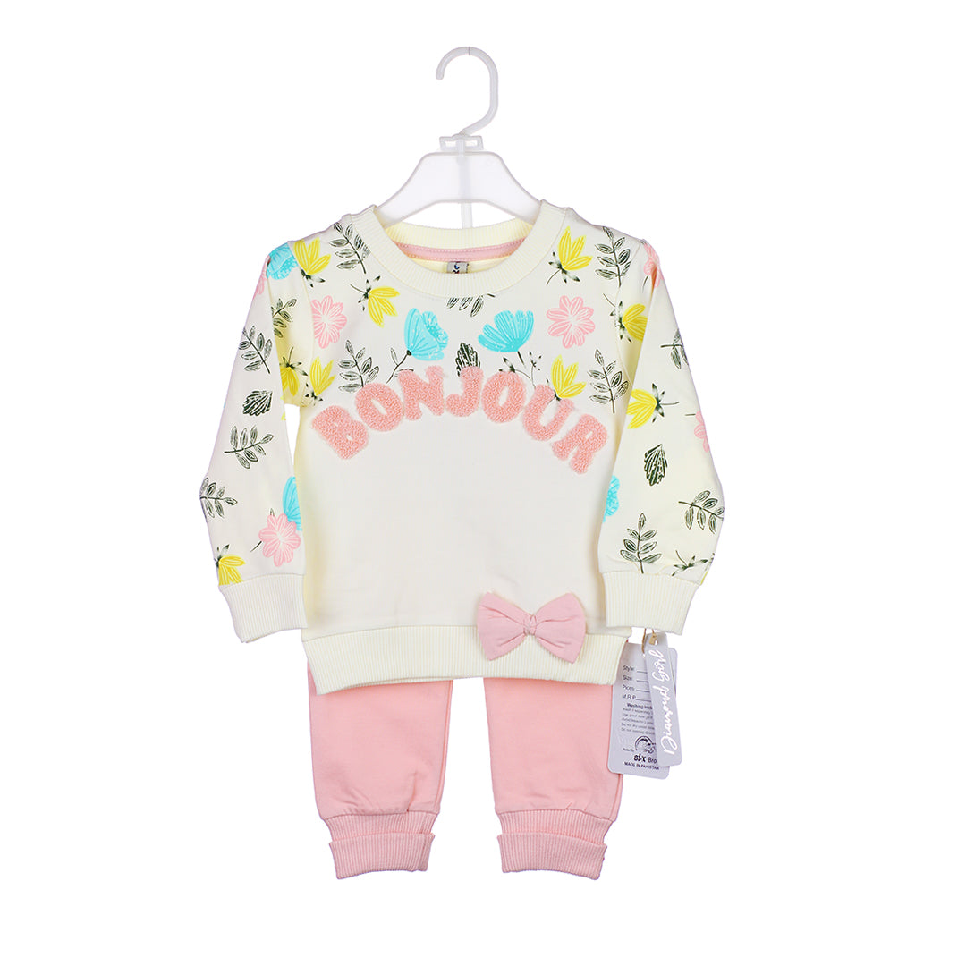 Girls' 'Bonjour' Floral Sweatshirt & Jogger Set