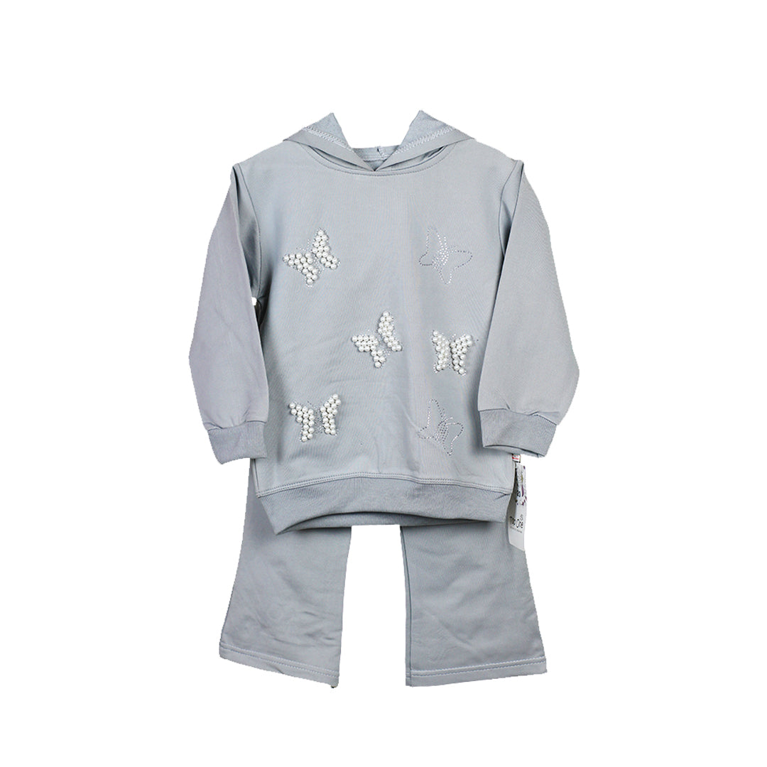 Baby Girls Gray Hoodie & Trouser Set with Pearl Butterfly Design