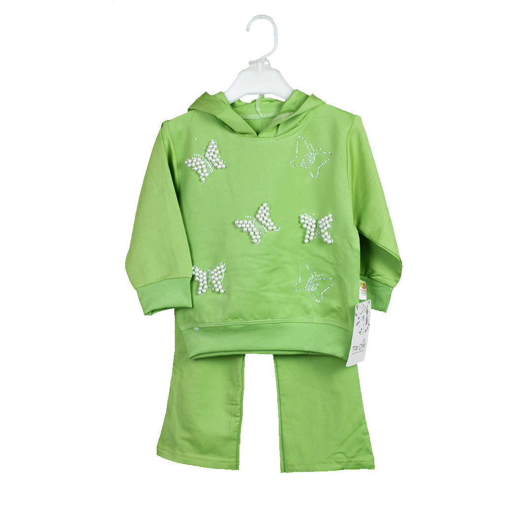 Baby Girls Green Hoodie & Trouser Set with Pearl Butterfly