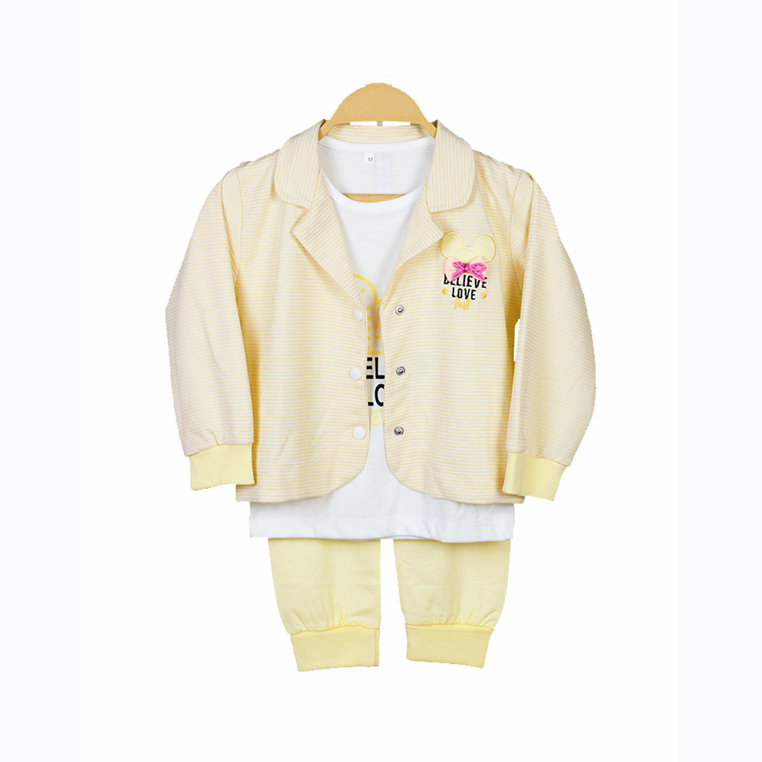 Baby girl 3 Piece Suit in Light yellow – Stylish Shirt, Jacket & Trouser Set